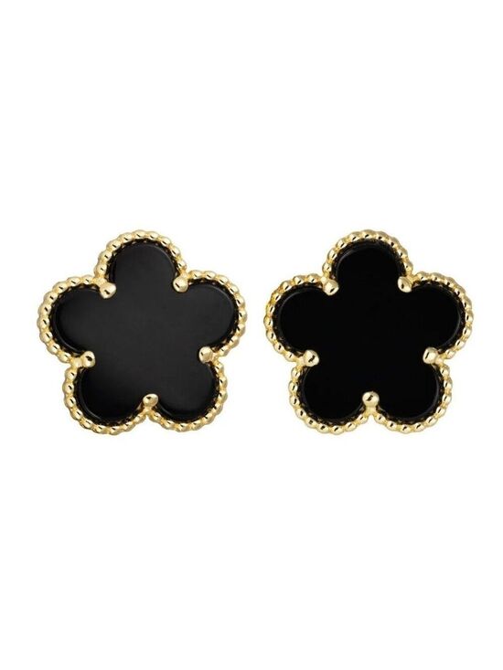 Jewelry - Clover 5 Leave Stud Earrings 18k GP 925 Sterling Silver / Black Onyx